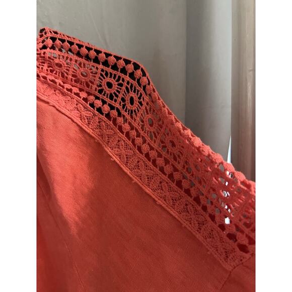 Terzo Millennio Salmon Orange Made In Italy Linen Crochet Shoulder Blouse Sz M - Picture 2 of 8
